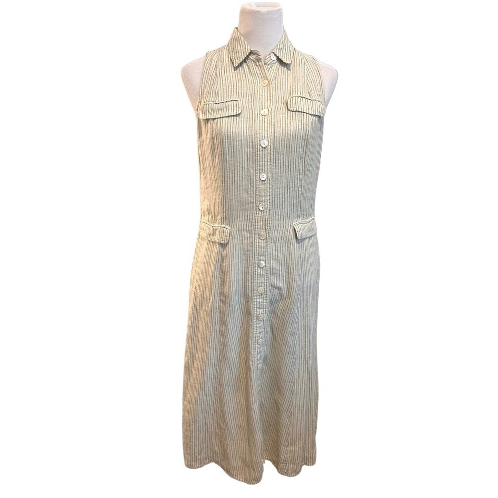 Worth‎ Brand Sleeveless Striped Button Front Midi Shirt Dress Tan Collar Size 8